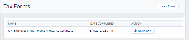 Screenshot: Submitted tax form listed in the Tax Forms process, displaying a Download button